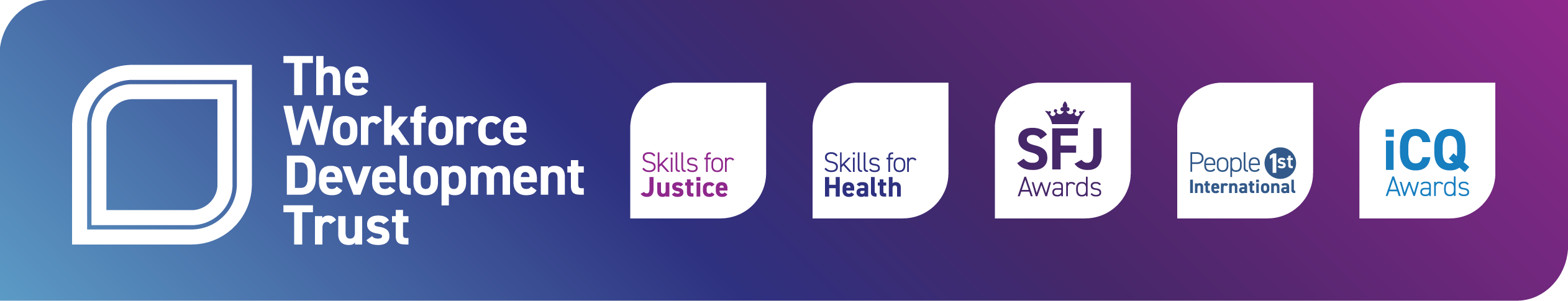 The Workforce Development Trust brand bar banner - featuring the logos of skills for justice, skills for health, sfj awards..